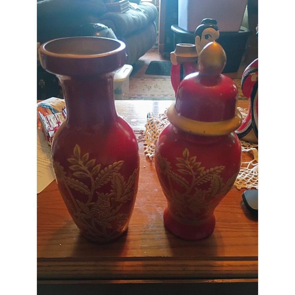 Beautiful Set Of 2 Statuesque Asian Burgundy/Gold/ Silver Flowered Vases W/ Lid